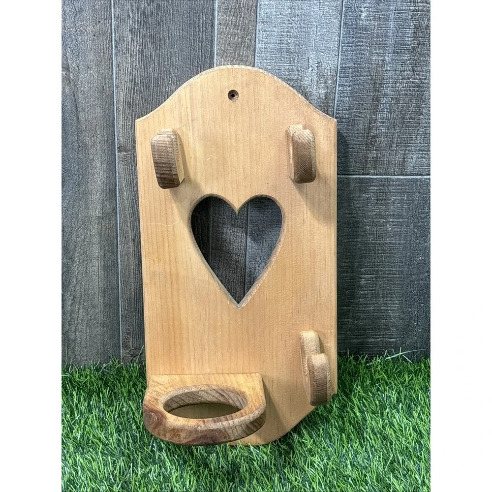 Vintage Wooden Hair Dryer Holder Wall Mount Heart Country Bathroom Organizer